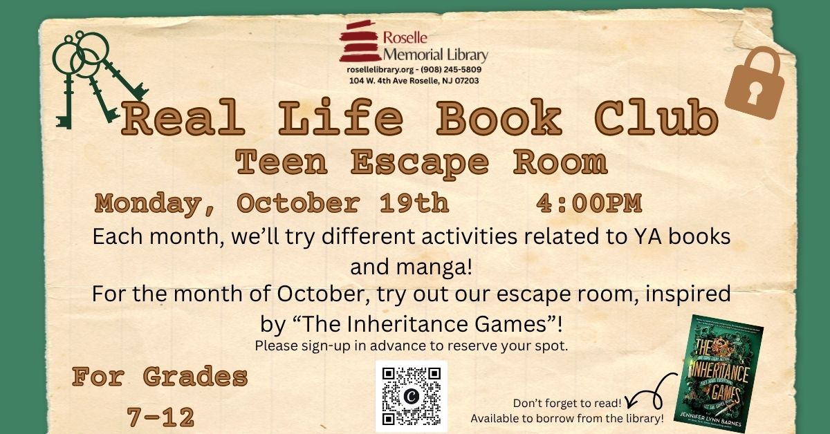 Real Life Book Club teen escape room event details and registration information
