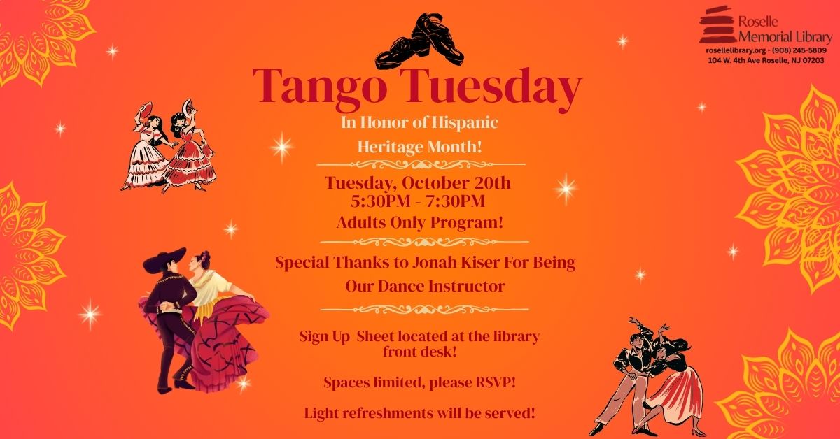 Tango Tuesday event announcement for Hispanic Heritage Month celebration